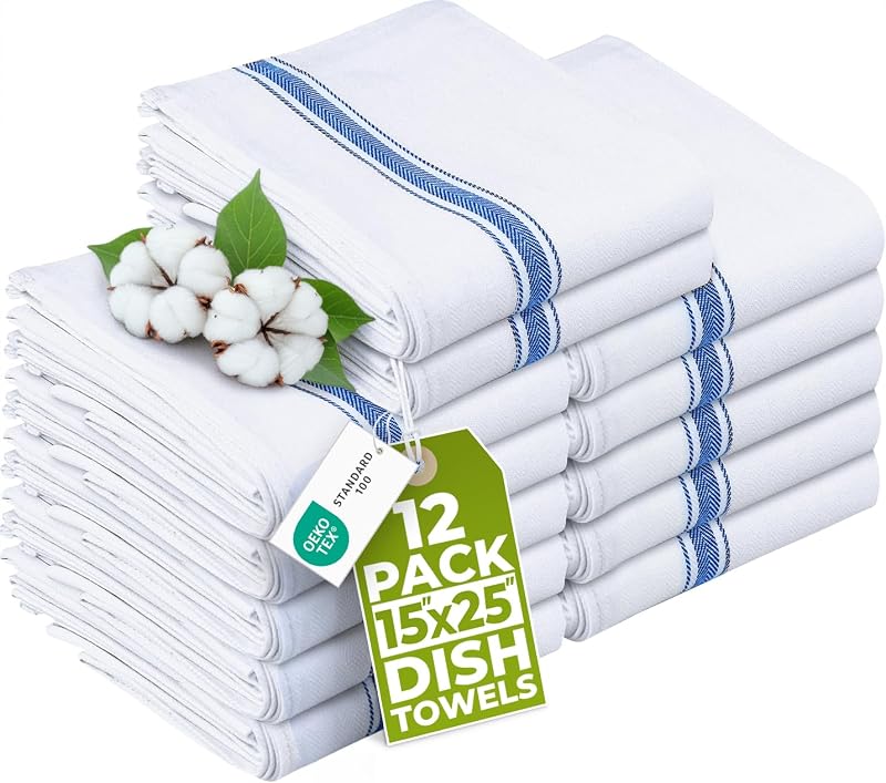 Blue Dish Towels [12 Pack - 15 x 25 in] 100% Ring Spun Cotton | Highly Absorbent & Reusable Cleaning Bar, Tea, Kitchen and Dishcloths Set - 200 GSM