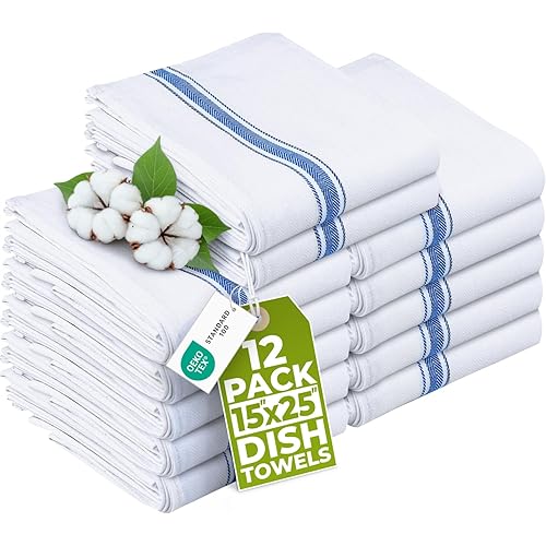 Utopia Towels Blue Dish Towels [12 Pack - 15 x 25 Inches] 100% Ring Spun Cotton Highly Absorbent & Reusable Cleaning Bar, Tea, Kitchen and Dishcloths Set - 200 GSM