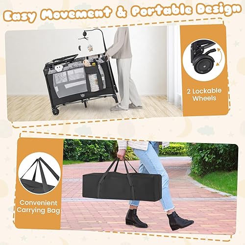 Miniatura 9 de BABY JOY 4 en 1 Pack and Play, corralito portátil para bebé con moisés, puerta lateral con cremallera, cambiador, ruedas con cerradura, caja de