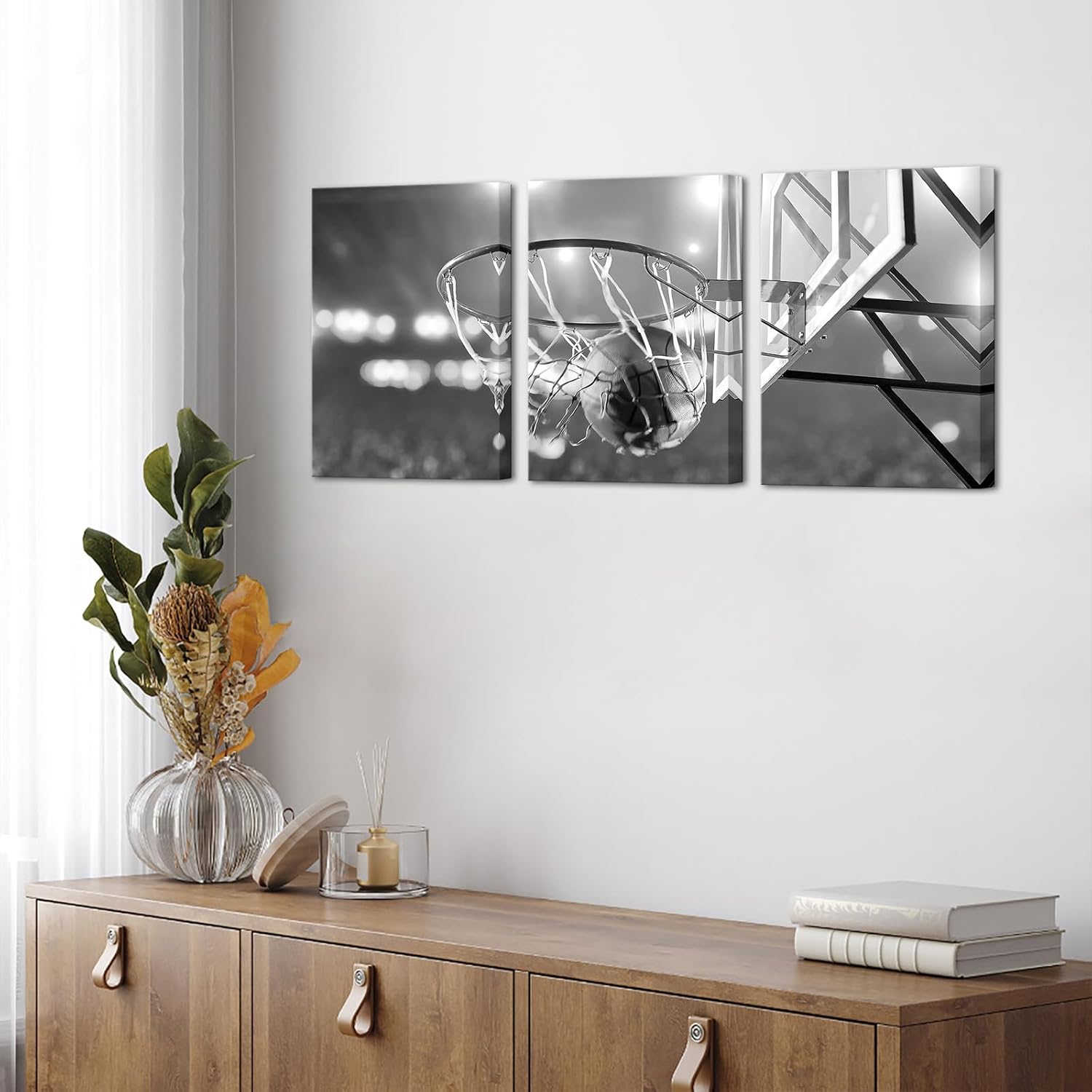 Apicoture Black and White Basketball Canvas Print Wall Art Basketball Poster Framed for Sport Room Wall Decor Ready to Hang 12''x 16''x 3 Panels - Image 7