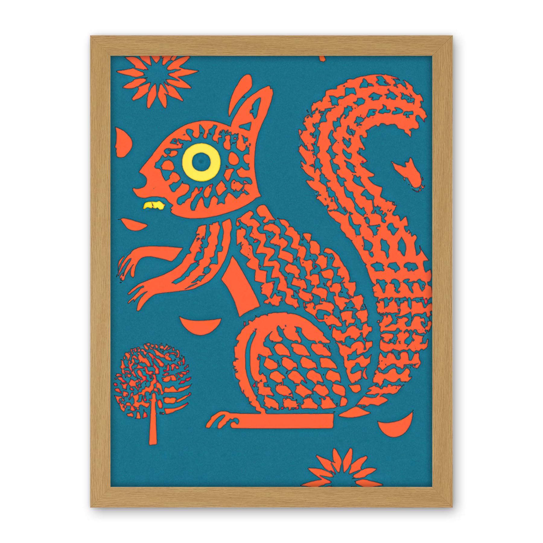 Artery8 Squirrel Colour Block Modern Folk Art Linocut Artwork Framed Wall Art Print 18X24 Inch