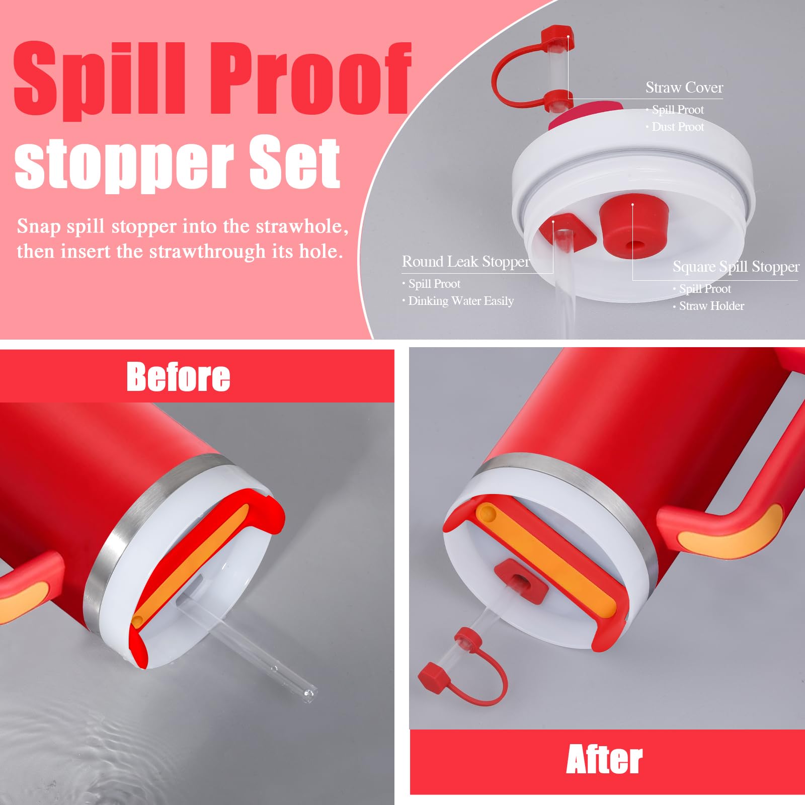 FOSFUKEER Stanley Cup Kit D'accessoires Pour Tasse, Comprend 6 Bouchons Anti -fuite En Silicone, 2 Couvercles à Paille, 1 Coque Pour Stanley De 1,2 L/850 Ml, Tasses Non Incluses (chili