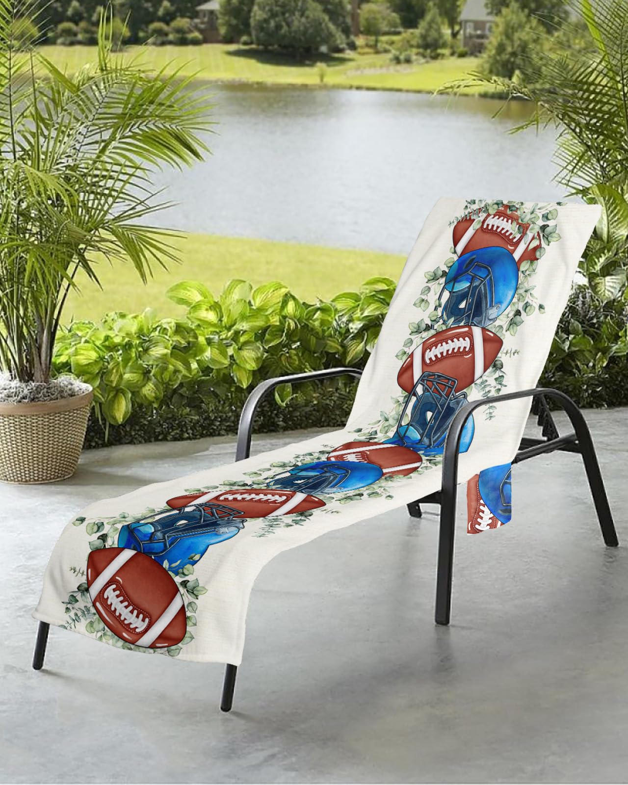 Football Baseball Beach Chair Towel Covers for Chaise Lounge with Side Pocket, Soft Plush Pool Towels Cover for Patio Sunbathing Outdoor 29''x85'' Eucalyptus Leaves Blue Brown