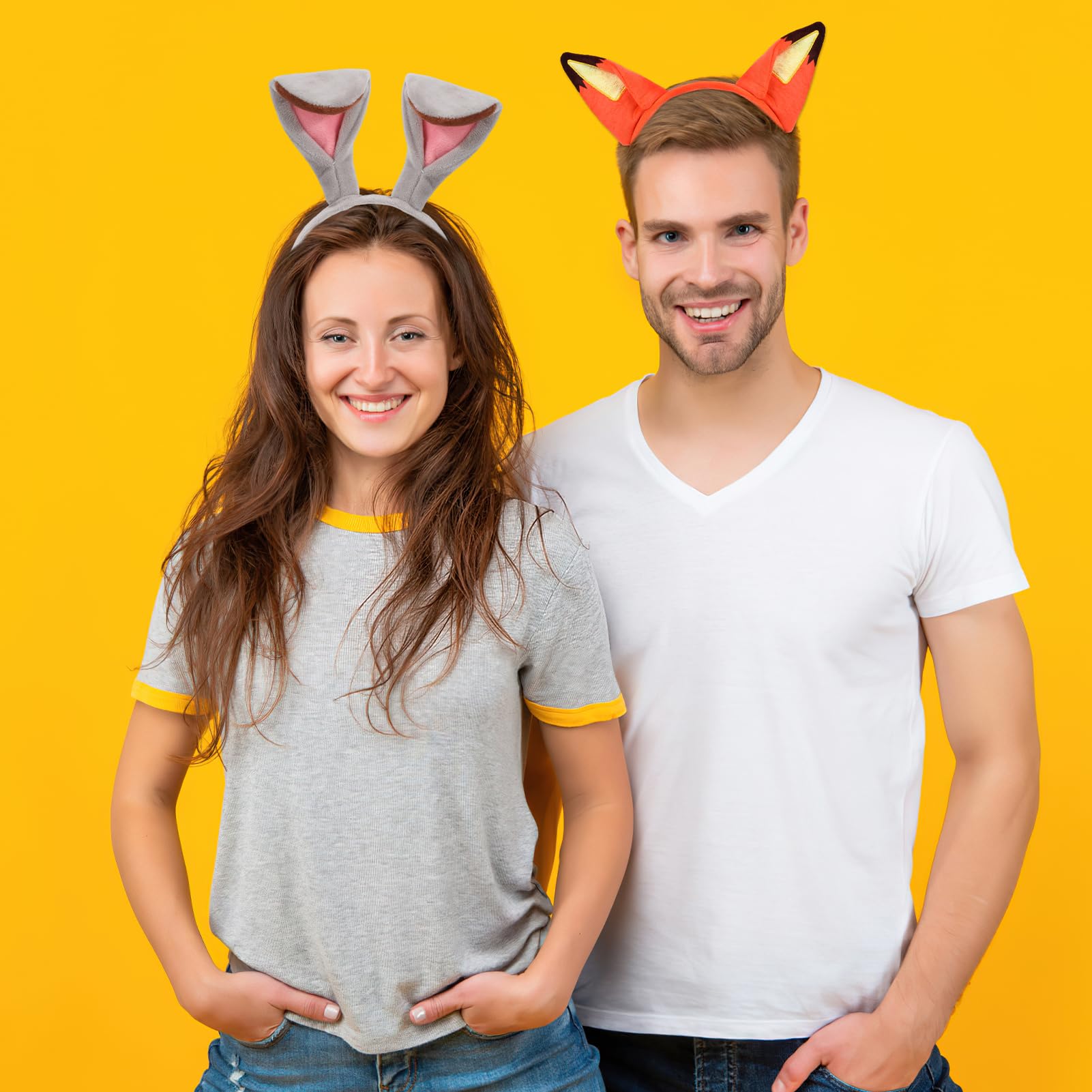 MWOOT Ears królik opaska na głowę, opaska na uszy, królik i lis, 2 sztuki karnawałowy kostium dla pary Cosplay, śliczne pluszowe uszy dla kobiet mężczyzn