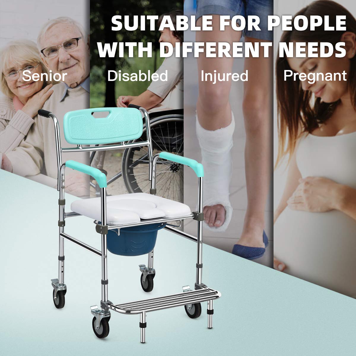 Giantex 3 in 1 Lightweight Shower Commode Wheelchair, Transport Bedside