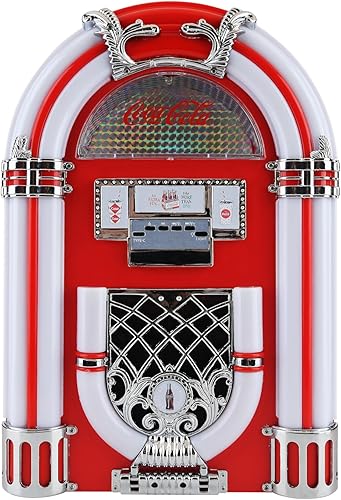 Coca-Cola Jukebox - Altavoz Bluetooth con radio FM, luces LED, salida de 16 W, batería de 1800 mAh, carga USB-C, rango de 32.8 ft, diseño retro para
