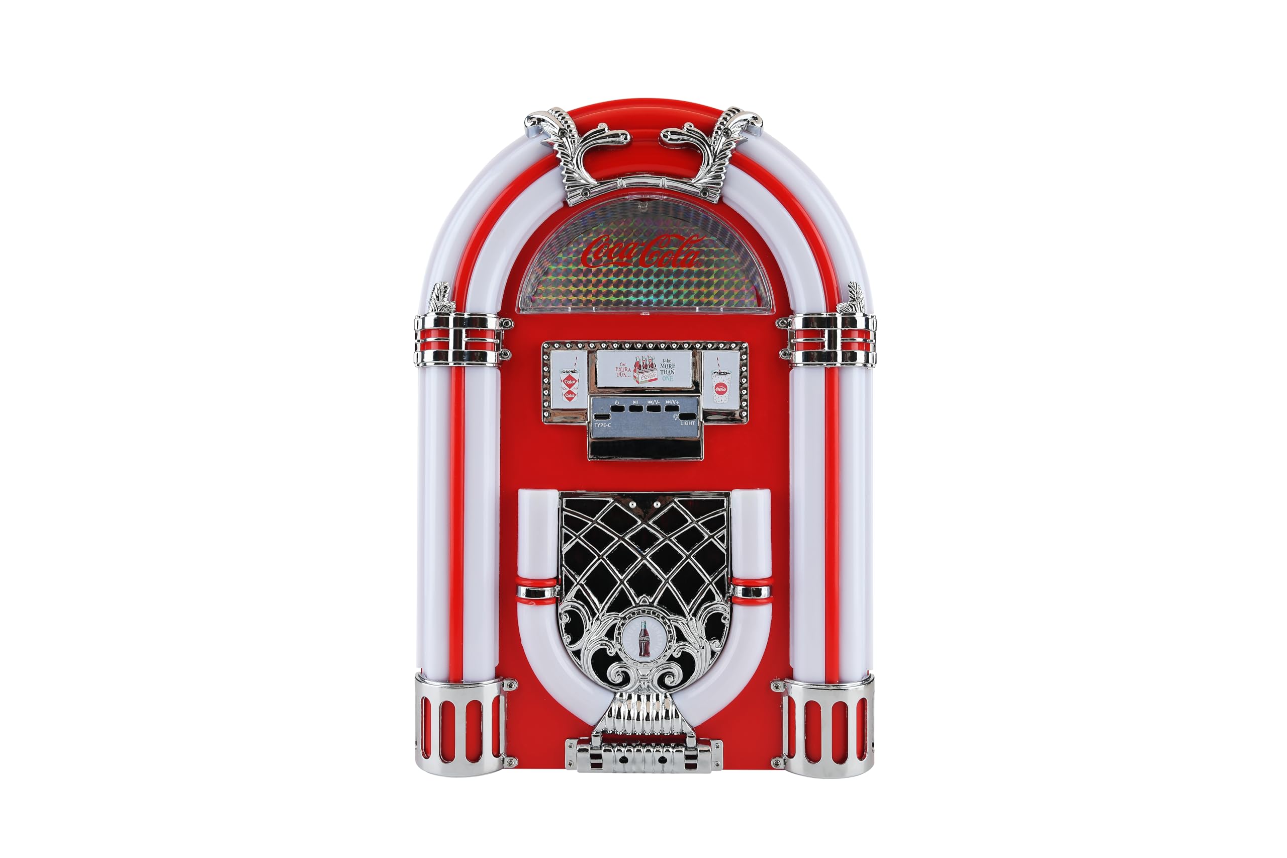 Coca-Cola Jukebox Bluetooth Speaker with FM Radio, LED Lights, 16W Output, 1800mAh Battery, USB-C Charging, 10m Range, Retro Design for Parties & Home Use