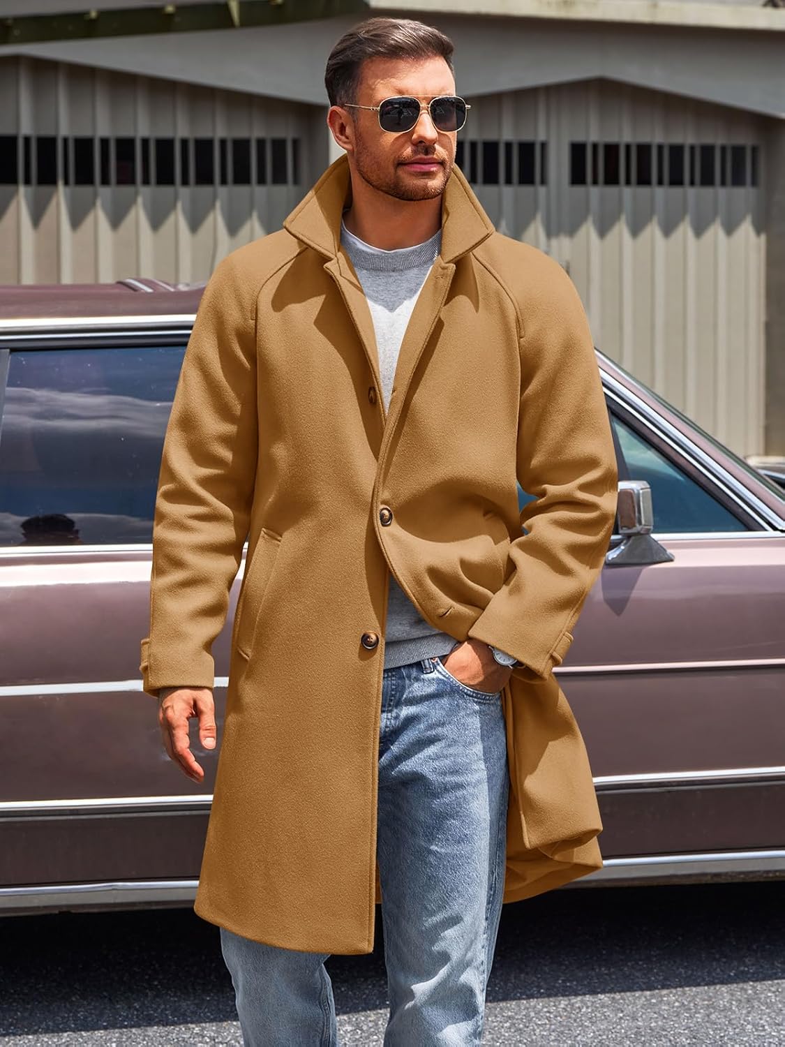 Runcati Mens Trench Coat Notched Collar Single Breasted Mid Long Peacoat Slim Fit Winter Warm Chunky Overcoat - Image 2