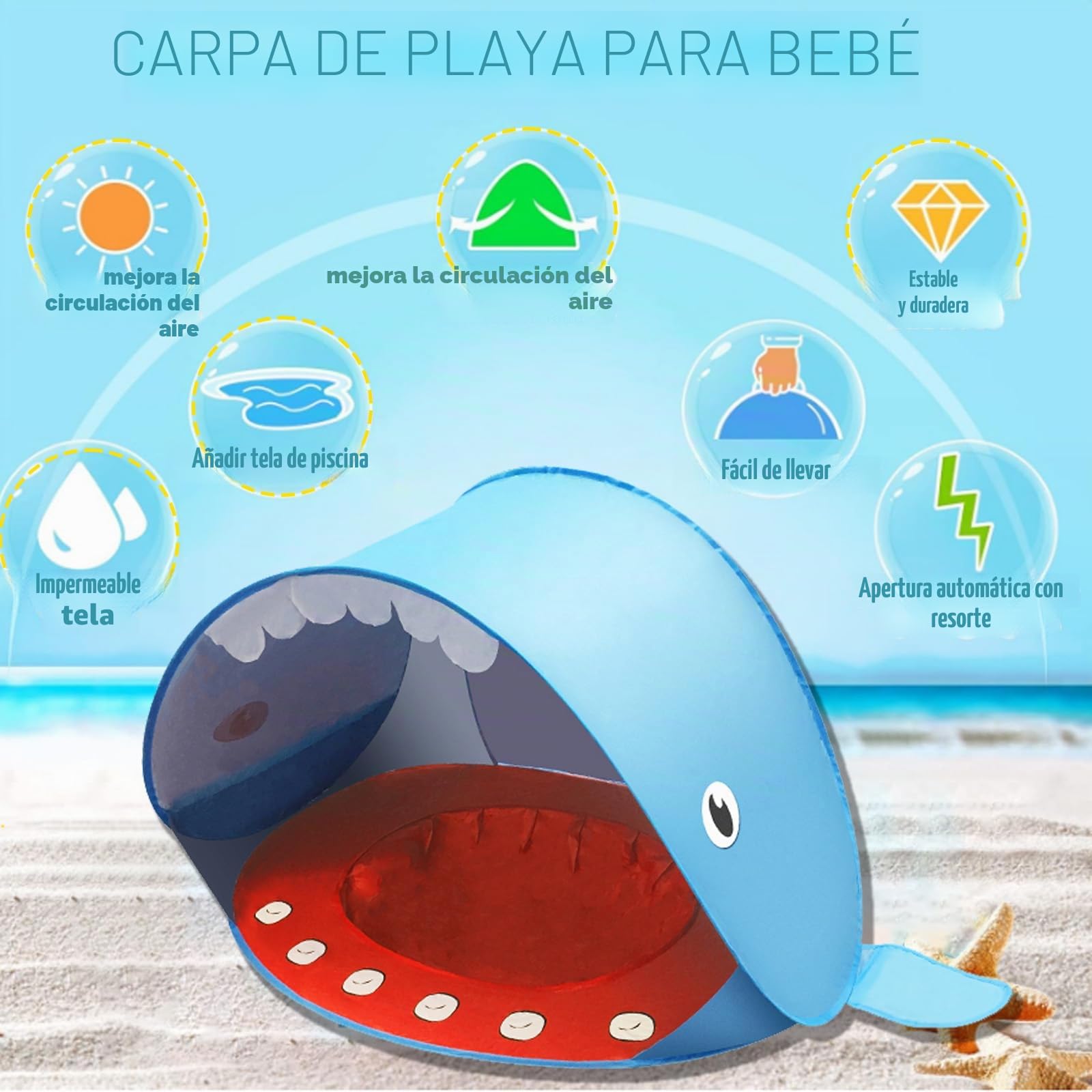 Tienda Playa Bebe Pop Up Tienda De Bebé con Piscina para,Carpa Playa con Piquetas,Infantil Carpa Plegable Portátil Protección Sol Anti UV 50+ Ventilación 120 X 83 X 70cm,Ballena Azul