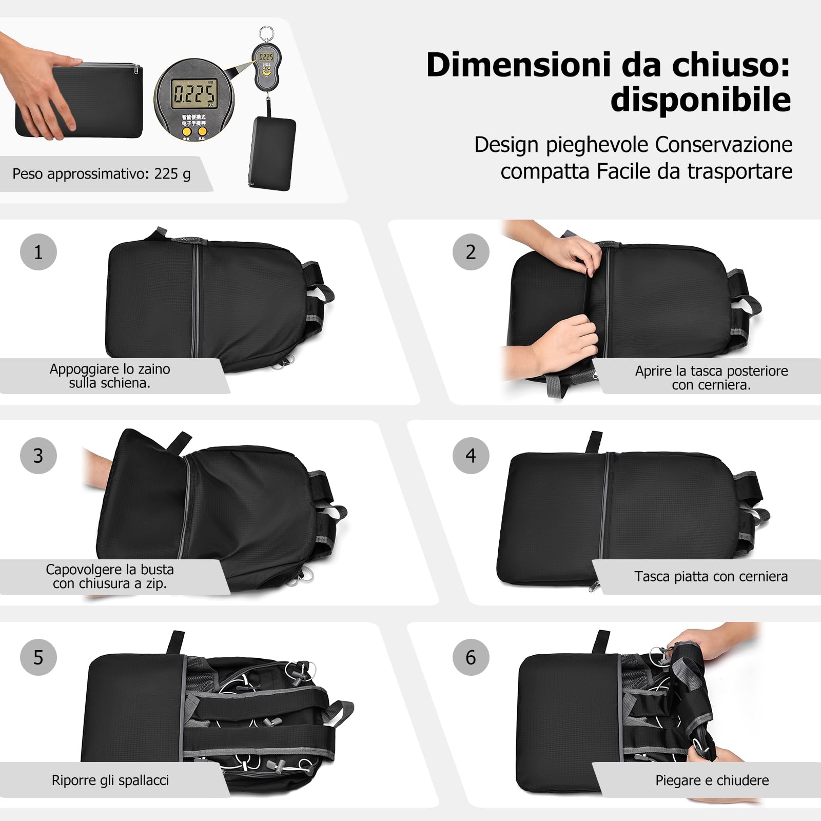 Zaino Pieghevole Zaino da Trekking Grande Impermeabile Leggero Zaini Donna Uomo Backpack per Campeggio Viaggio Sport Nero