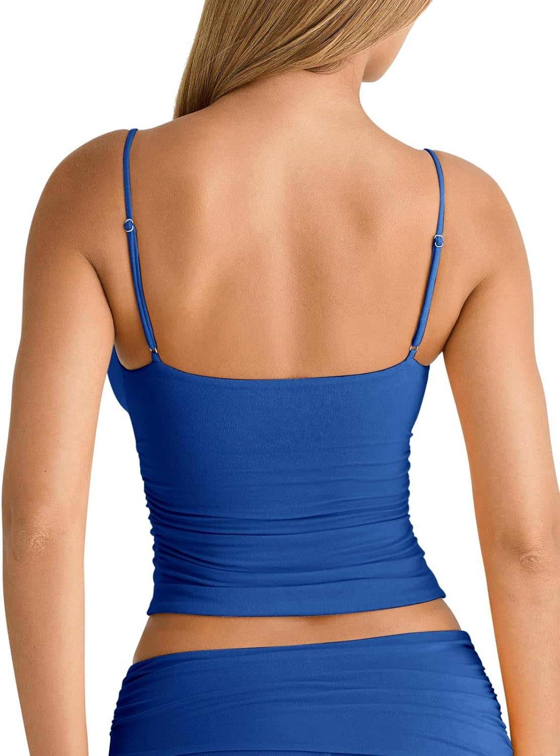 PINKMSTYLE Women's Sexy V Neck Ruched Cami Top Sleeveless Spaghetti Double Layer Fitted Crop Tank Tops - Image 6