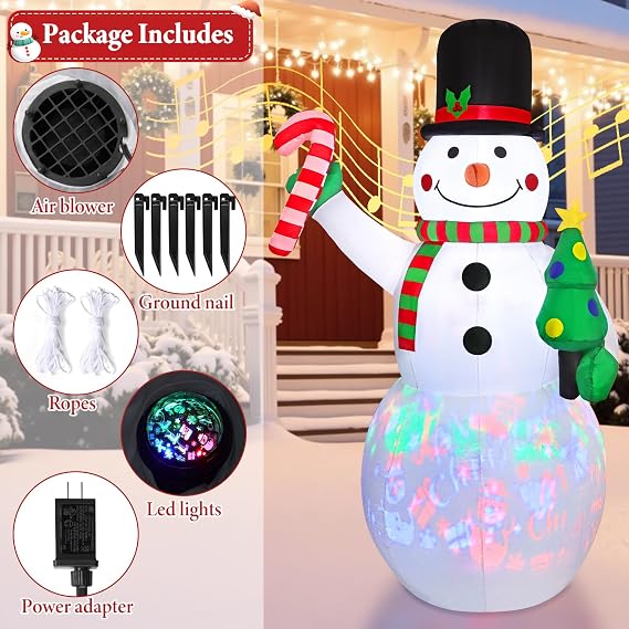 Weldomcor 7FT Christmas Inflatable Snowman with Music Box & Rotating Led Lights, Xmas Inflatable Outdoor Decorations Holding Candy Cane-striped Sign, Blow Up Snowman for Indoor Yard Lawn Garden Decor