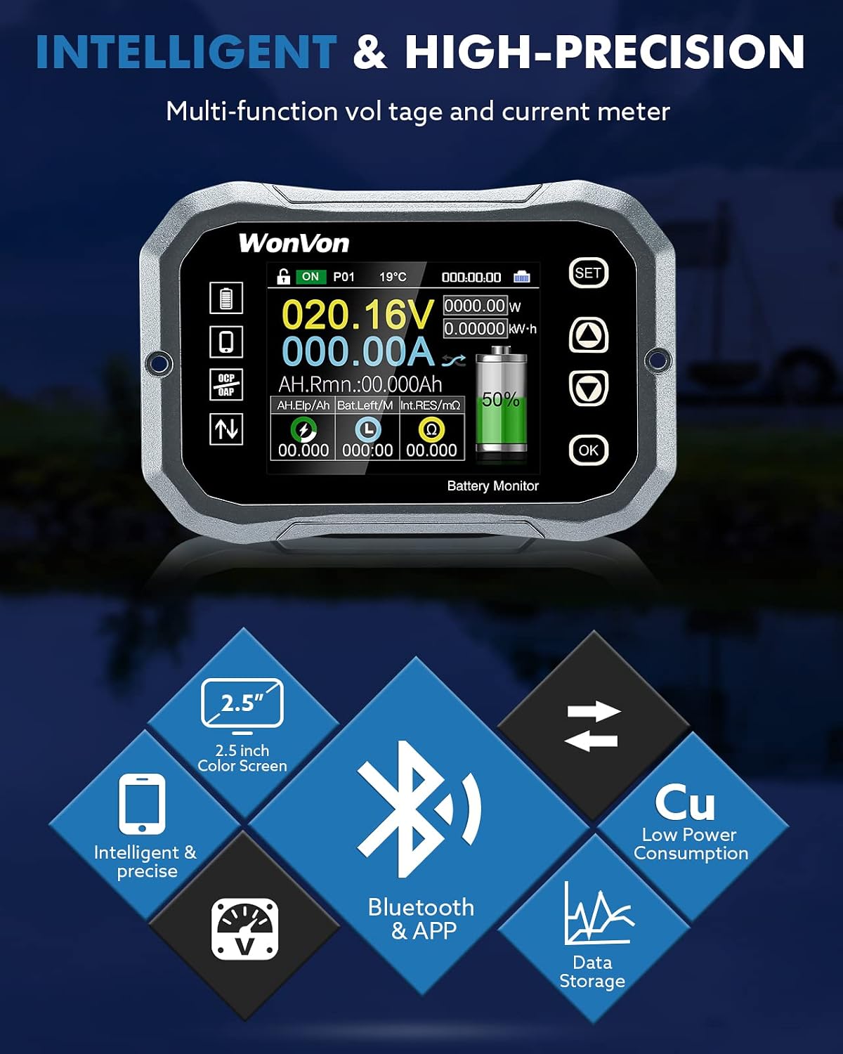 Close-up of the WonVon Battery Monitor display showing voltage, current, capacity, and other readings, highlighting its intelligent, precise, Bluetooth, and data storage capabilities.