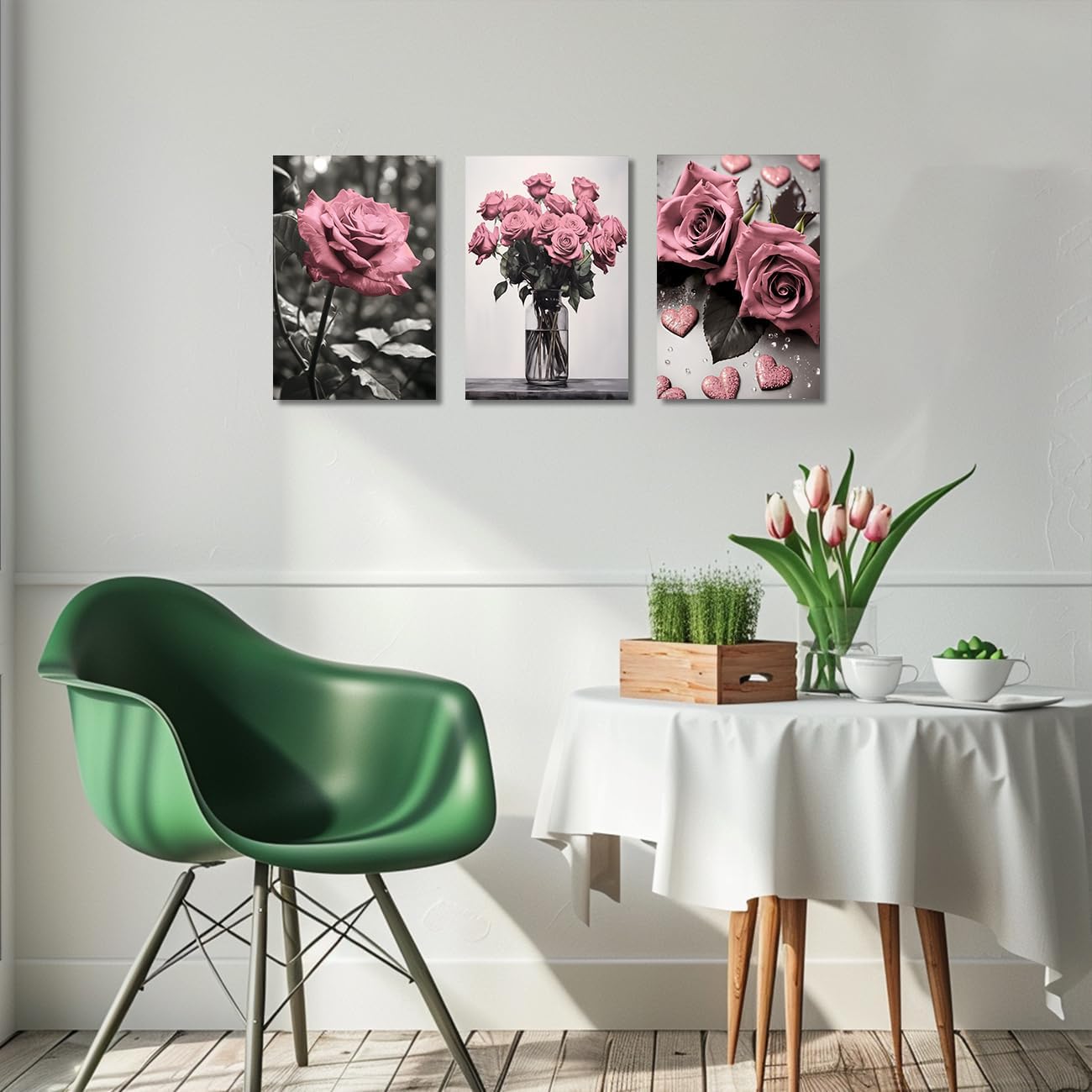 ZQQART Pink Rose Wall Art 3 PCS Bloom Pink Flower Canvas Prints Rustic Black and White Pink Floral Painting for Girls Room Wall Decor (Pink12.00" x 16.00" x 3)