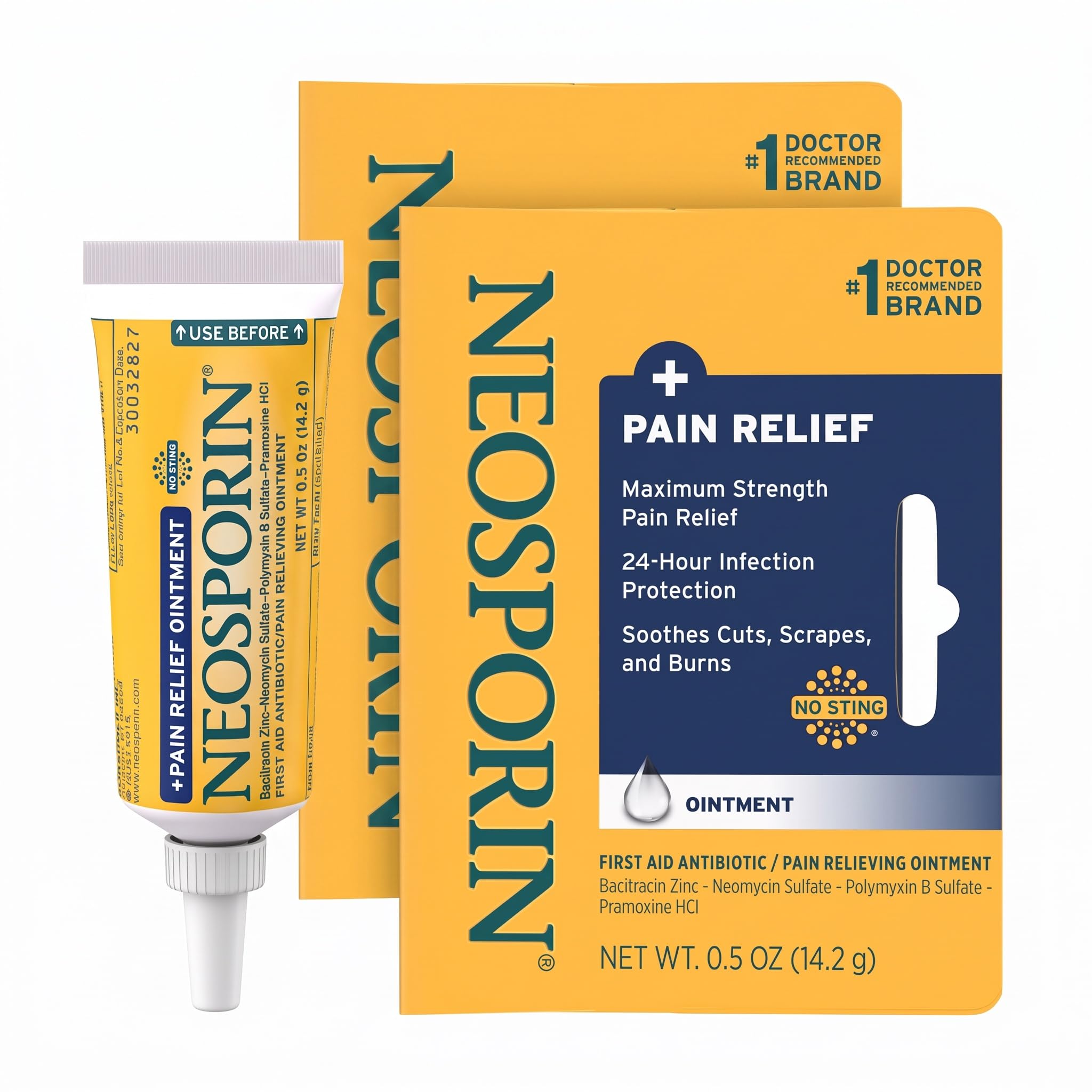 Neosporin + Maximum-Strength Pain Relief Dual Action Ointment, First Aid Topical Antibiotic &amp; Analgesic Ointment for 24-Hour Infection Protection with Bacitracin Zinc &amp; Pramoxine HCl,.5 oz (Pack of 2)