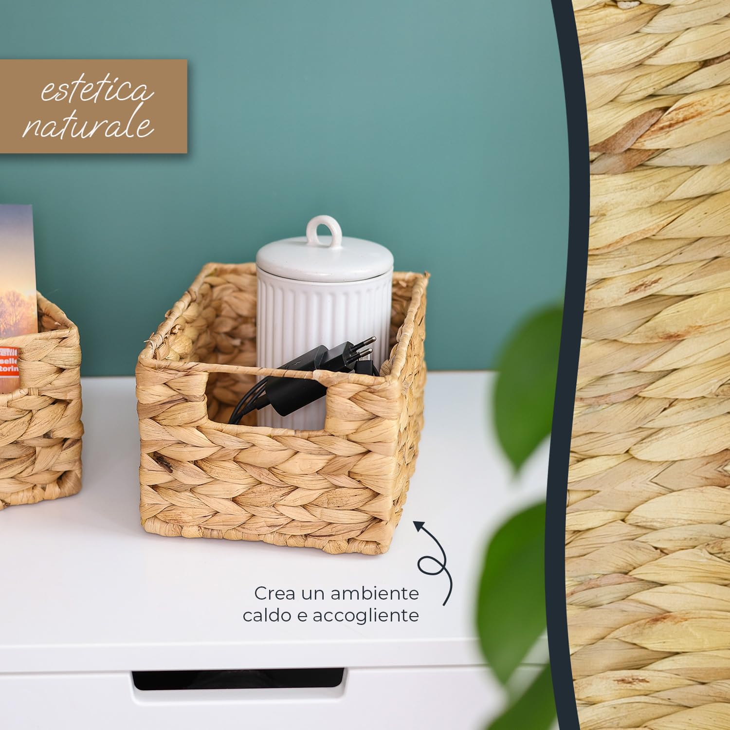 Cestino portaoggetti HMF intrecciato in giacinto d’acqua, cestino decorativo con manici per riporre oggetti in bagno, cucina e zona giorno | Set da 4 | Dimensione S | 22 x 17 x 12 cm | Naturale