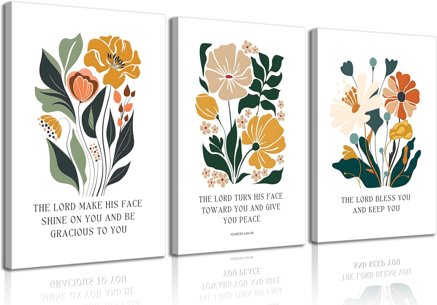 3pcs Framed Bible Blessing Canvas Wall Art Christian Wall Decor Pictures Botanical Flowers Posters Prints The Lord Bless Youand And Giveyou Peace Paintings for Living Room Bedroom Church Decoration Bible Flower 16x24in-canvas