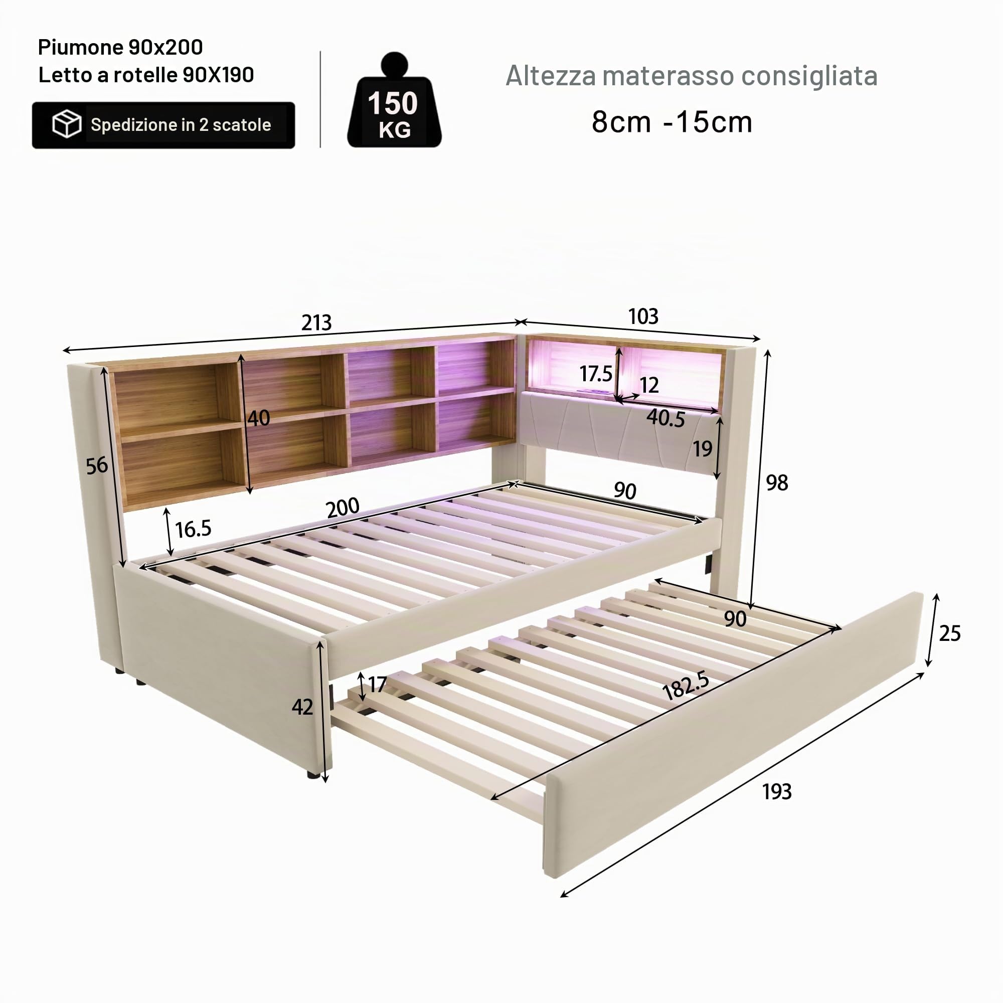 Divano letto 90 x 200 cm, letto estraibile 90 x 190 cm, dotato di LED e numerosi scomparti portaoggetti, letto imbottito, divano letto multifunzione, letto singolo, doppio, flanella (beige