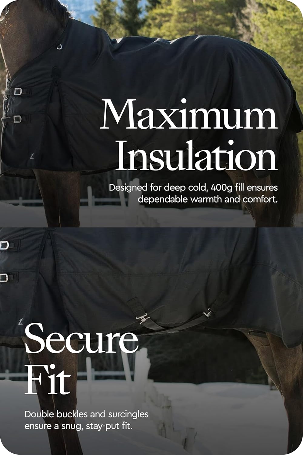 HORZE Nevada Heavy Weight 1200D Waterproof Horse Winter Turnout Blanket (400g Fill) - Black - 69 in