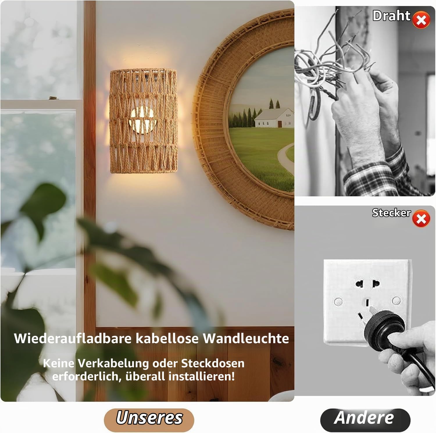 2 Stück Wandleuchte Innen RGB Dimmable Wandlampe mit Fernbedienung Boho Rattan Nachttischlampe Vintage Bambuslaterne Lampe ohne Stromanschluss für Wohnzimmer Schlafzimmer Treppen Flur