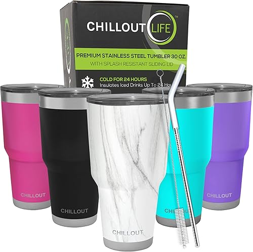 Miniatura 7 de CHILLOUT LIFE - Vaso de acero inoxidable de 20onzas con tapa a prueba de salpicaduras y pajilla, diseño con aislamiento al vacío de doble pared,