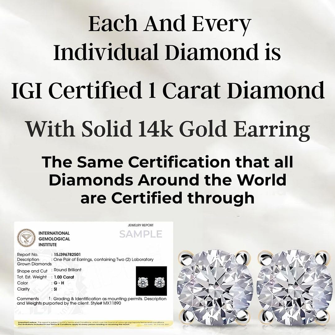 IGI Certified 0.2 to 4 Carat Lab Grown Diamond Stud Earrings for Women Solid 14K Yellow Gold/White Gold/Platinum/Sterling Silver Screw/Push Back (E-F Color, VS Clarity) Anniversary Jewelry Gifts