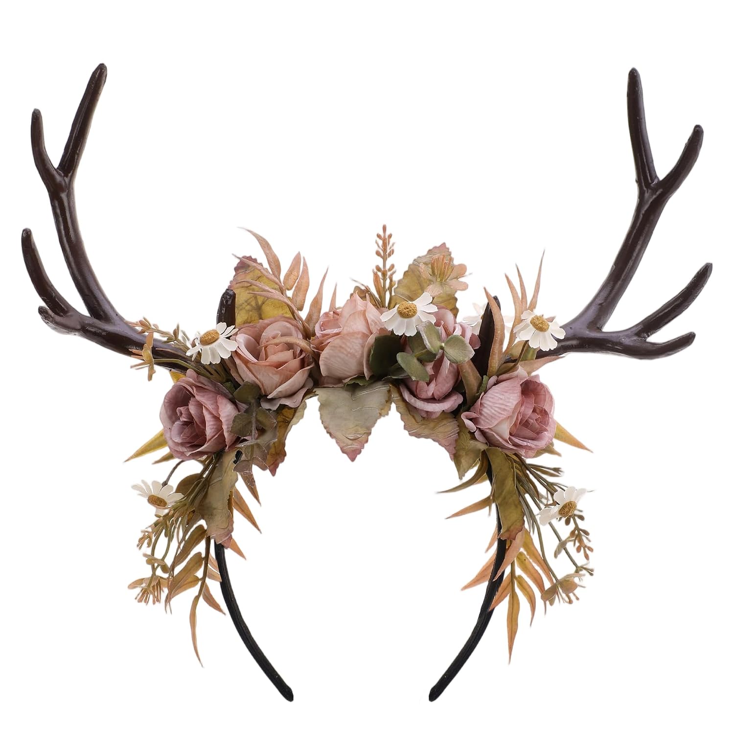 MOSTORY Pink Flower Antler Headband - Fairy Deer Antlers Headband for Woodland Renaissance Accessories, Floral Antler Headpiece for Women Fairycore Fantasy Renfaire