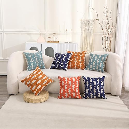 Miniatura 3 de TRENDIN Funda de almohada decorativa de caballito de mar de 18 x 18 pulgadas para sofá, decoración náutica, cuadrada, de lino, funda de cojín para