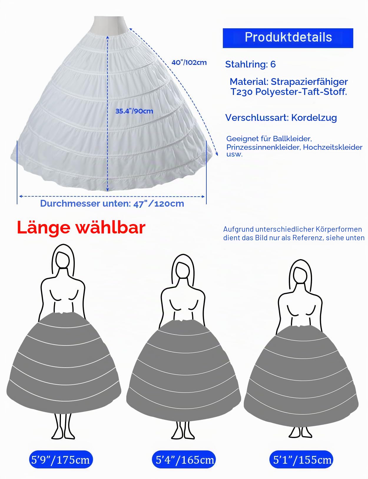 BEAUTELICATE Damen Reifrock Lange Petticoat Unterrock Ballkleid Brautkleid Prinzessin Crinoline 6 Reifen für Hochzeitskleid Brautkleid 9 Farben