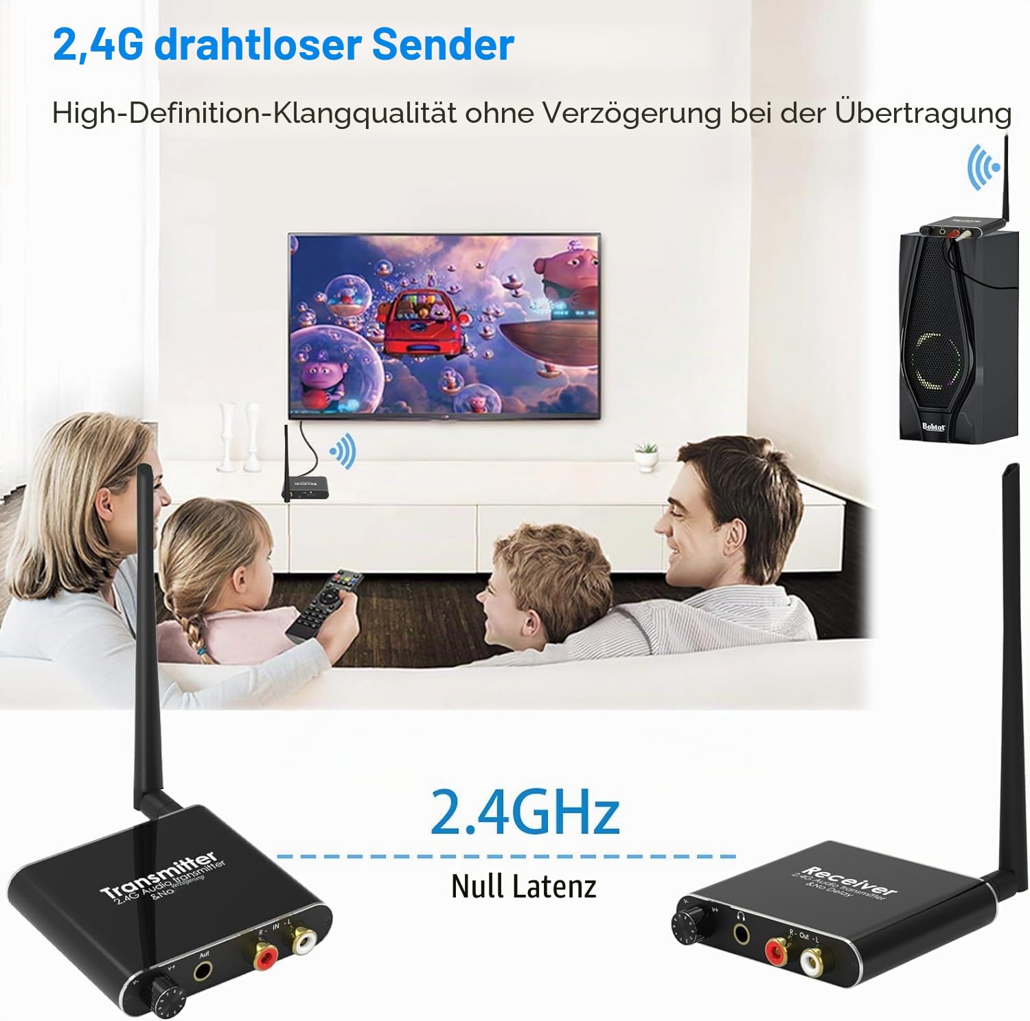 eppfun Drahtlos Audio Sender Empfänger, 24bit/192kHz HiFi Stereo Transmitter and Receiver Kit, 12,5ms Low Latency für TV/PC zu Lautsprecher/CD Player/Amp, Cinch & 3,5 mm Klinke Ausgang/Eingang