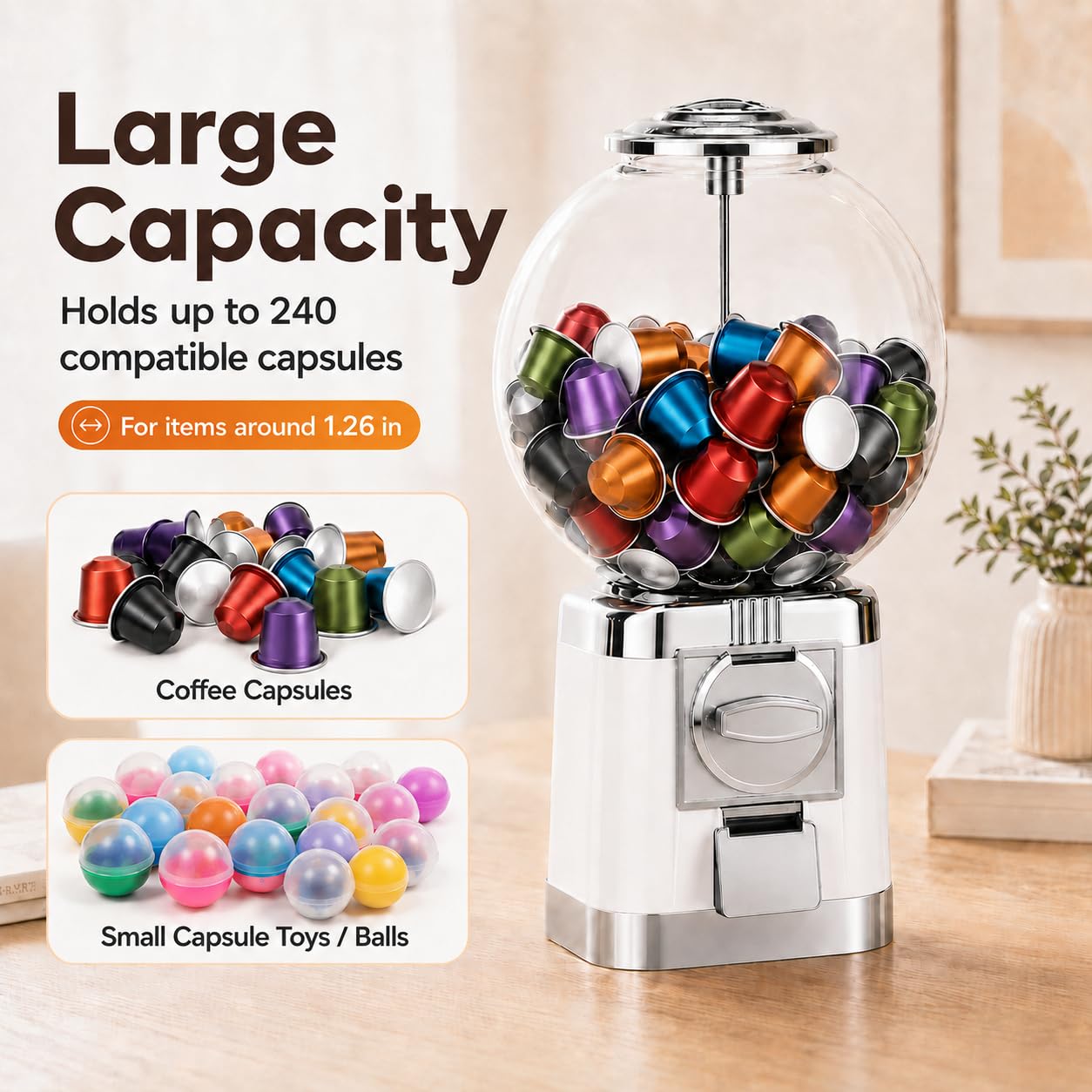Dispensador Manual de cápsulas de café para mostrador y Zona común | El selector regulable guía diferentes formatos compatibles hacia la salida inferior durante la rotación completa del mando.