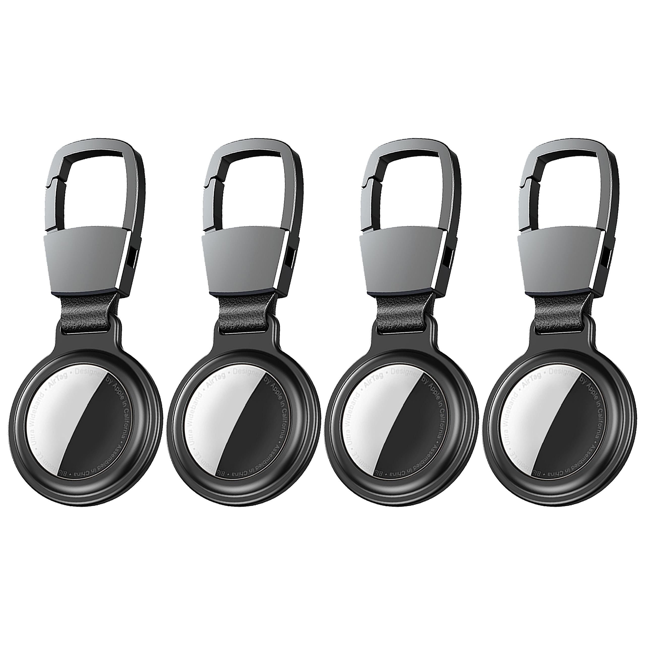 EXPE Airtag Case Protective Case Magnetic Metal Tracker Protection Aluminium Case Keyring Carabiner Leather GPS Anti-Lost Pendant Accessories (4 x Black)
