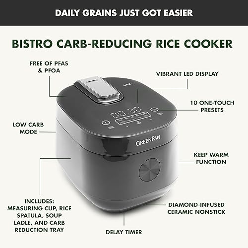 Miniatura 4 de GreenPan Rice Cooker, 8 Cups Cooked (4 Uncooked), Low-Carb & Soup Mode,10 ONE-TOUCH Cooking Presets, PFAS-Free Ceramic Steamer Basket, Fuzzy Logic,