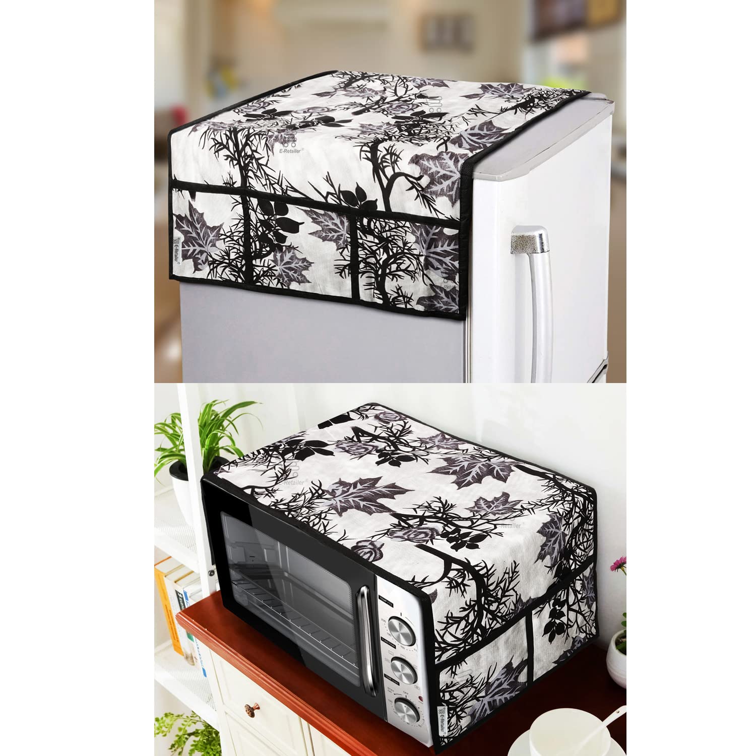 E-Retailer® Exclusive 3-Layered Polyester Combo Set of Appliances Cover (1 Pc. of Fridge Top Cover, 1 Pc. of Microwave Oven Top Cover) (Color-Black, Design-Floral, Set Contains-2-Pcs.)-image-8