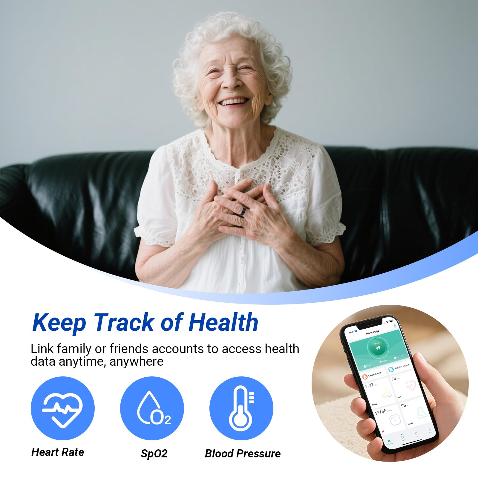 Anelli sanitari per donne e uomini, fitness tracker con frequenza cardiaca, ossigeno nel sangue, pressione sanguigna, monitoraggio sonno/passi, impermeabile IP68, per iPhone e Android