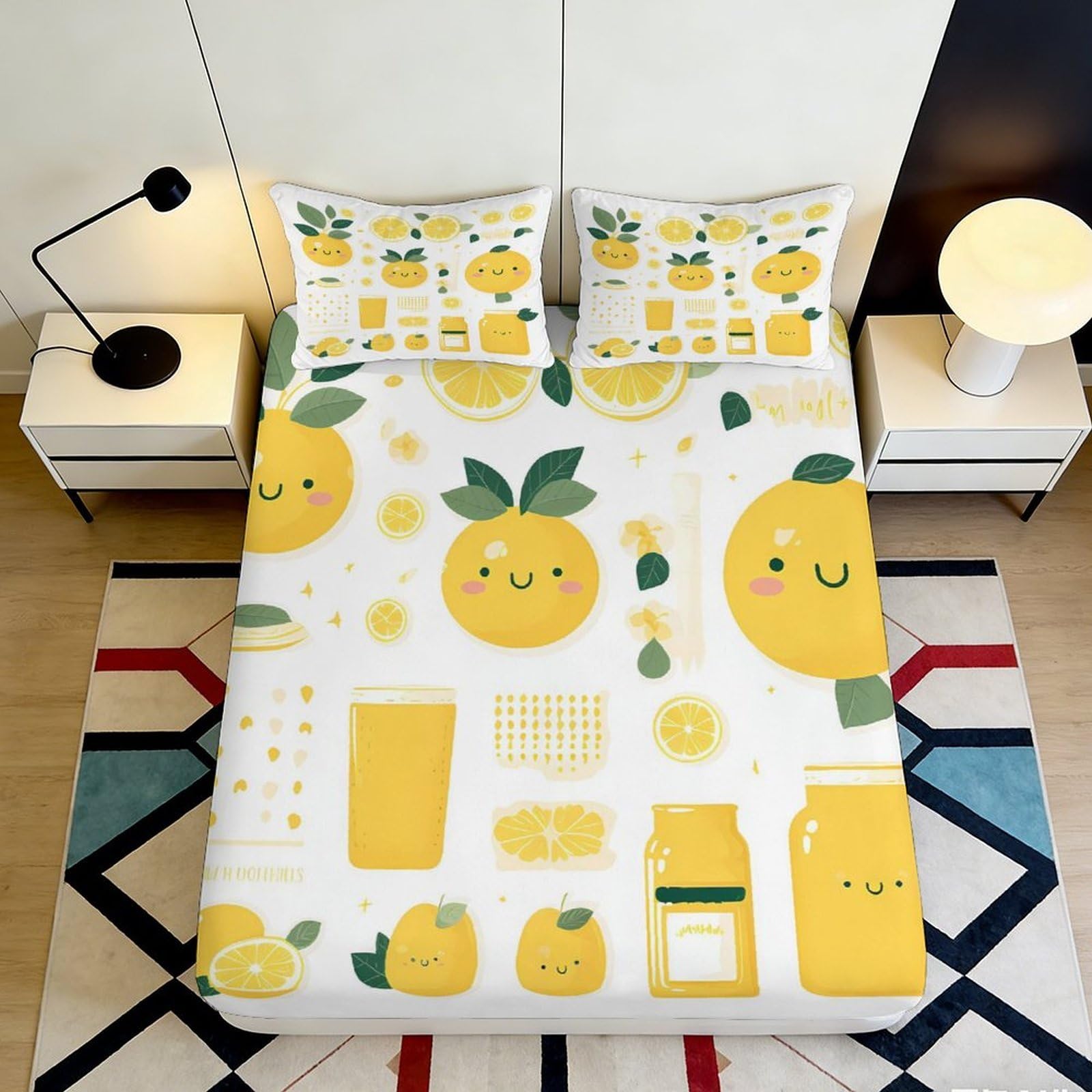 3D Printed Lemon Cartoon Fitted Sheet Microfiber Soft Yellow Citrus Bed Cover for Bedroom Dorm Room Decor Mattress Protection 90x200x25cm