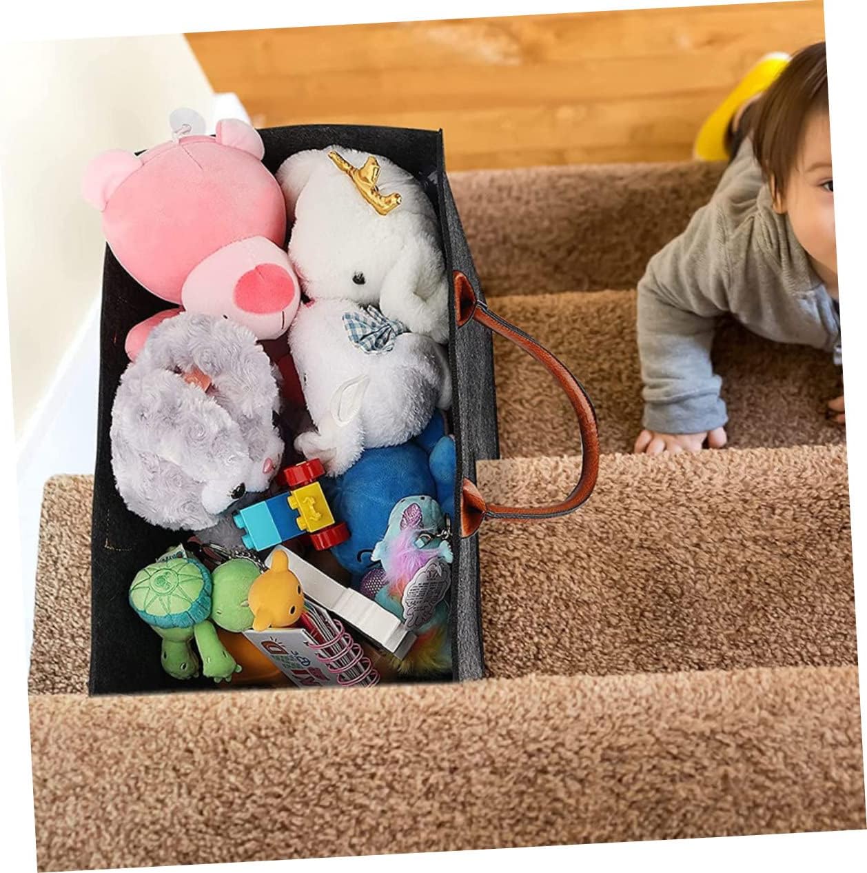 Zerodeko L- Shape Stair Organizer Laundry Basket for Stairs Stair Basket for Carpeted Felt Laundry Hamper Staircase Basket with Handles White Rug Rattan Artificial Leather Cloth Shelf Child