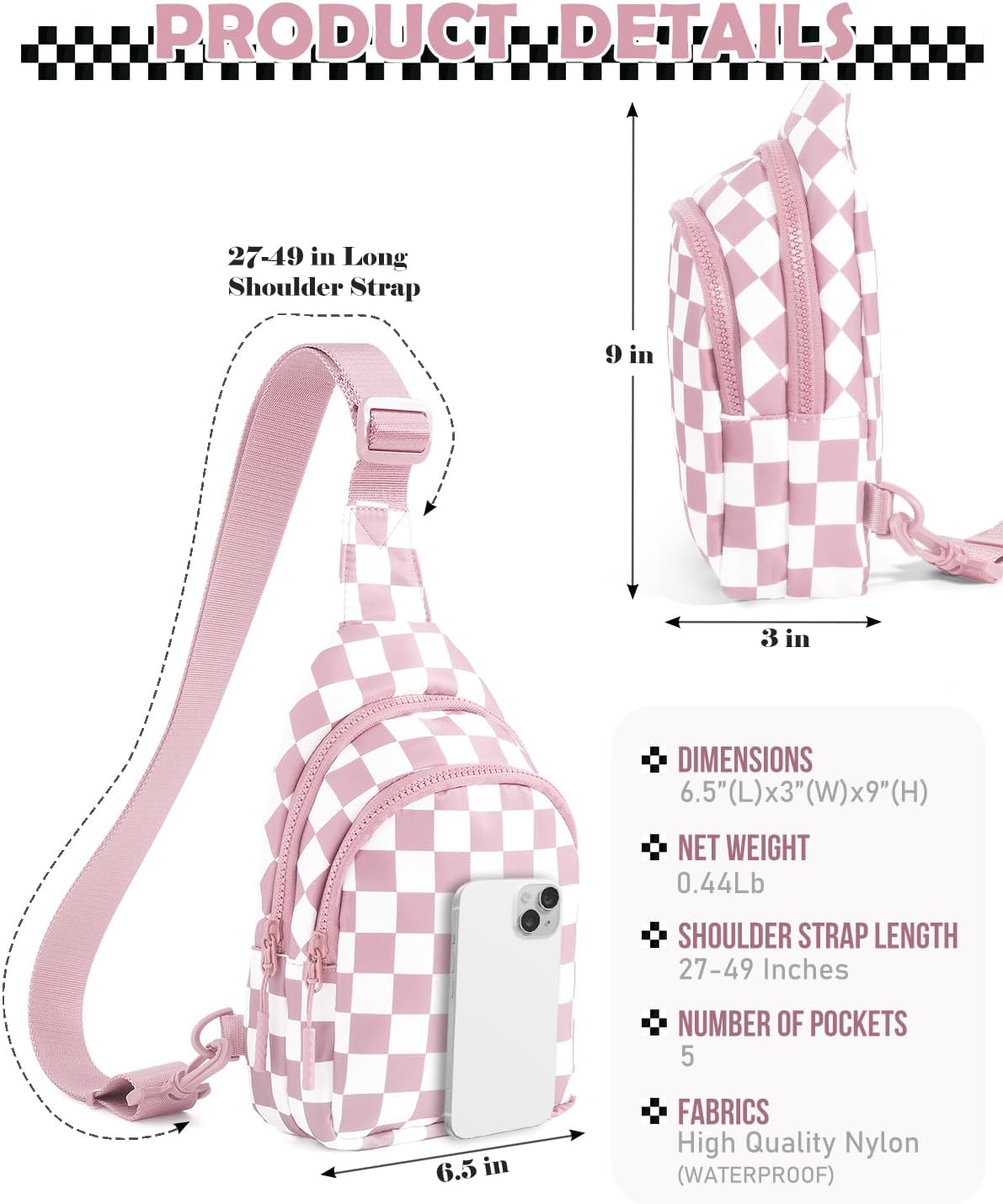 Checkered Sling Bag for Women Small Backpack Crossbody Chest Bag Fanny Packs Purses - Image 3