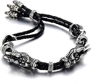Men's Stainless Steel Dragon Curb Chain Bracelet With Genuine Leather Strap – Black/Silver, 7.87" Circumference