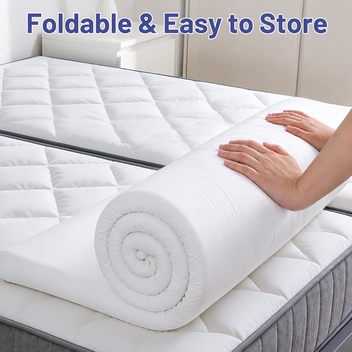 ENITYA 76"Lx76"W Twin to King Mattress Topper with Washable Cover, White