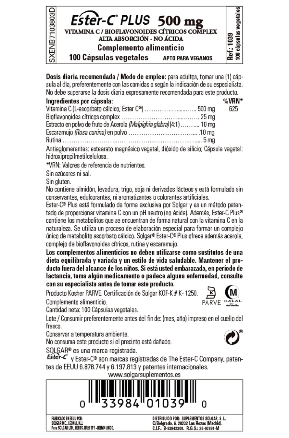 Ester C Plus 100 cápsulas vegetales de 500 mg de Solgar