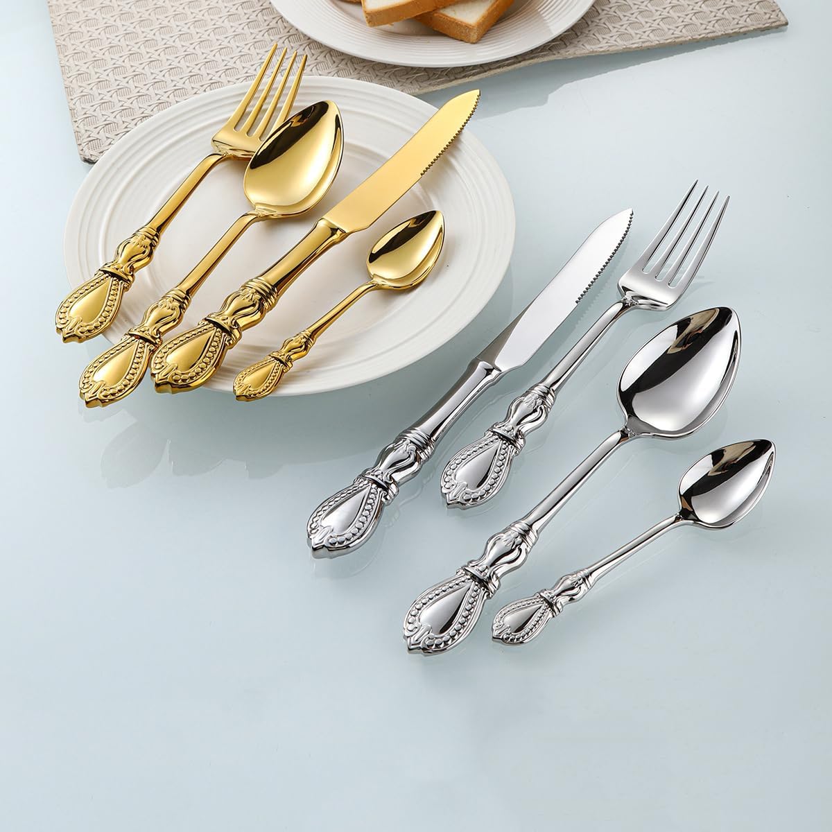 Gold Utensils Set Gorgeous Retro Royal Silverware Set for 14 Utensil Sets Classic Premium Flatware Set Elegant 18/8 Stainless Steel Western Cutlery Delicate Utensil for Home Dishwasher Safe Polished