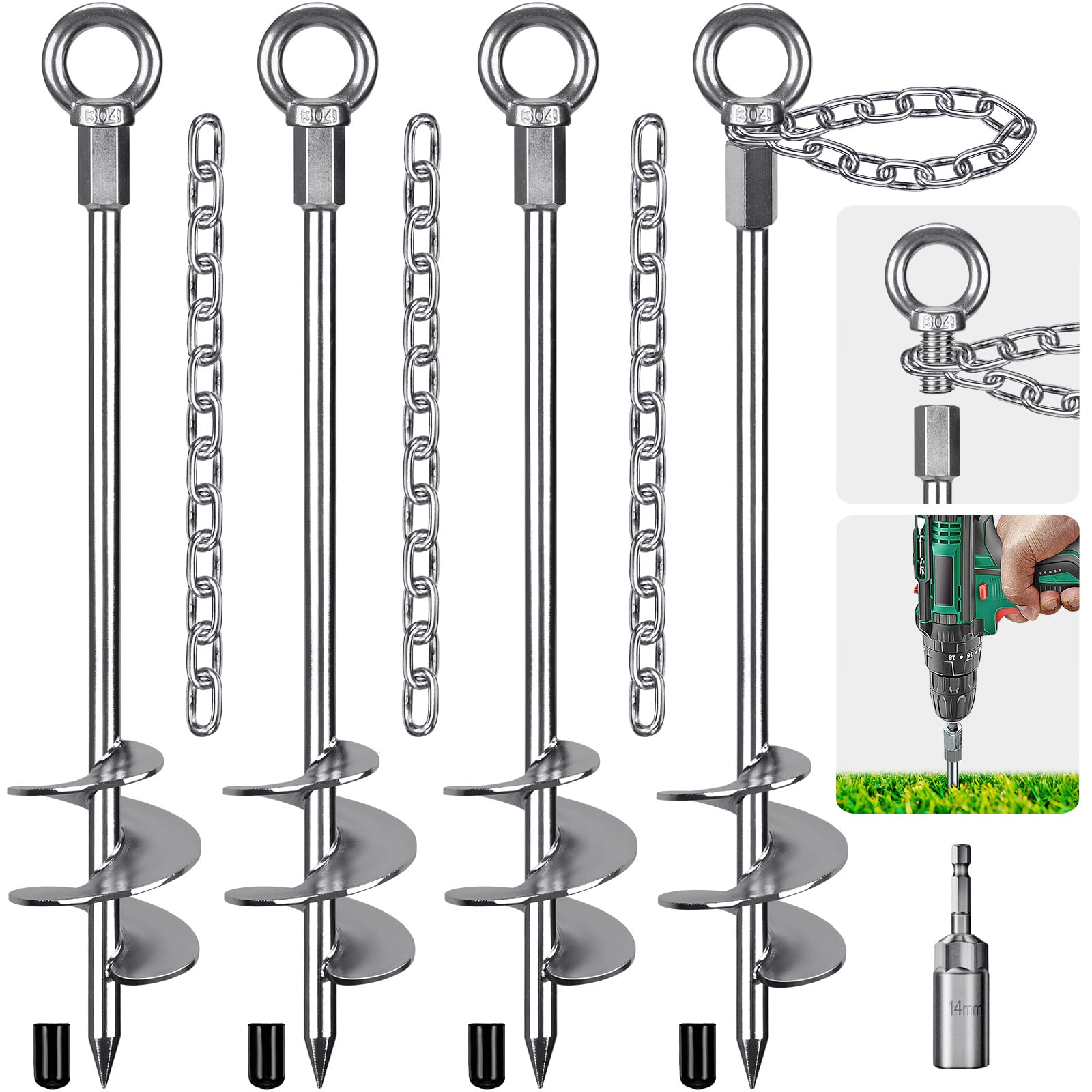 Insaga Piquet de Tente, Sardines de Fixation Lourd Ancrage de Terre Métallique, 45cm Lame Spirale Vissée dans Trampolines Kit pour Balançoire/Camping/Chien/Abri de Coiture avec Fixe 37cm Chaîne, 4pcs