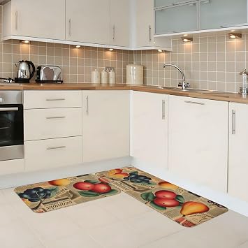Newspaper Fruit Kitchen Rug Mats for Floor Sets of 2 Anti Fatigue Cushioned Floor Mats Non-Slip Kitchen Sink Mat Washable Area Rugs for Home 17"x29.5"+17"x47.2"