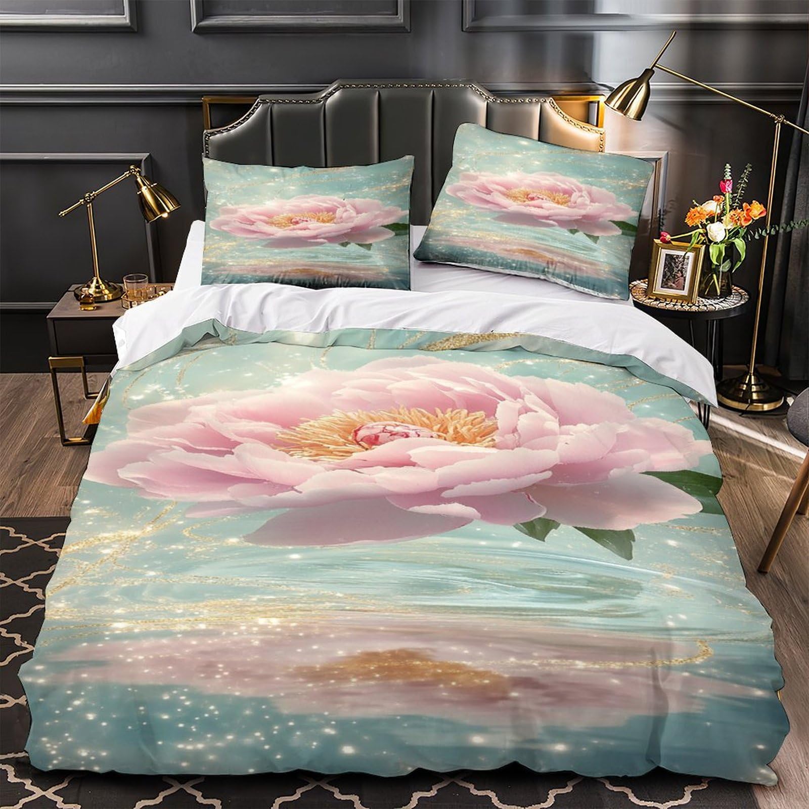 Housse de couette pivoine rose 3D drap microfibre respirant fleurs lit 2 places