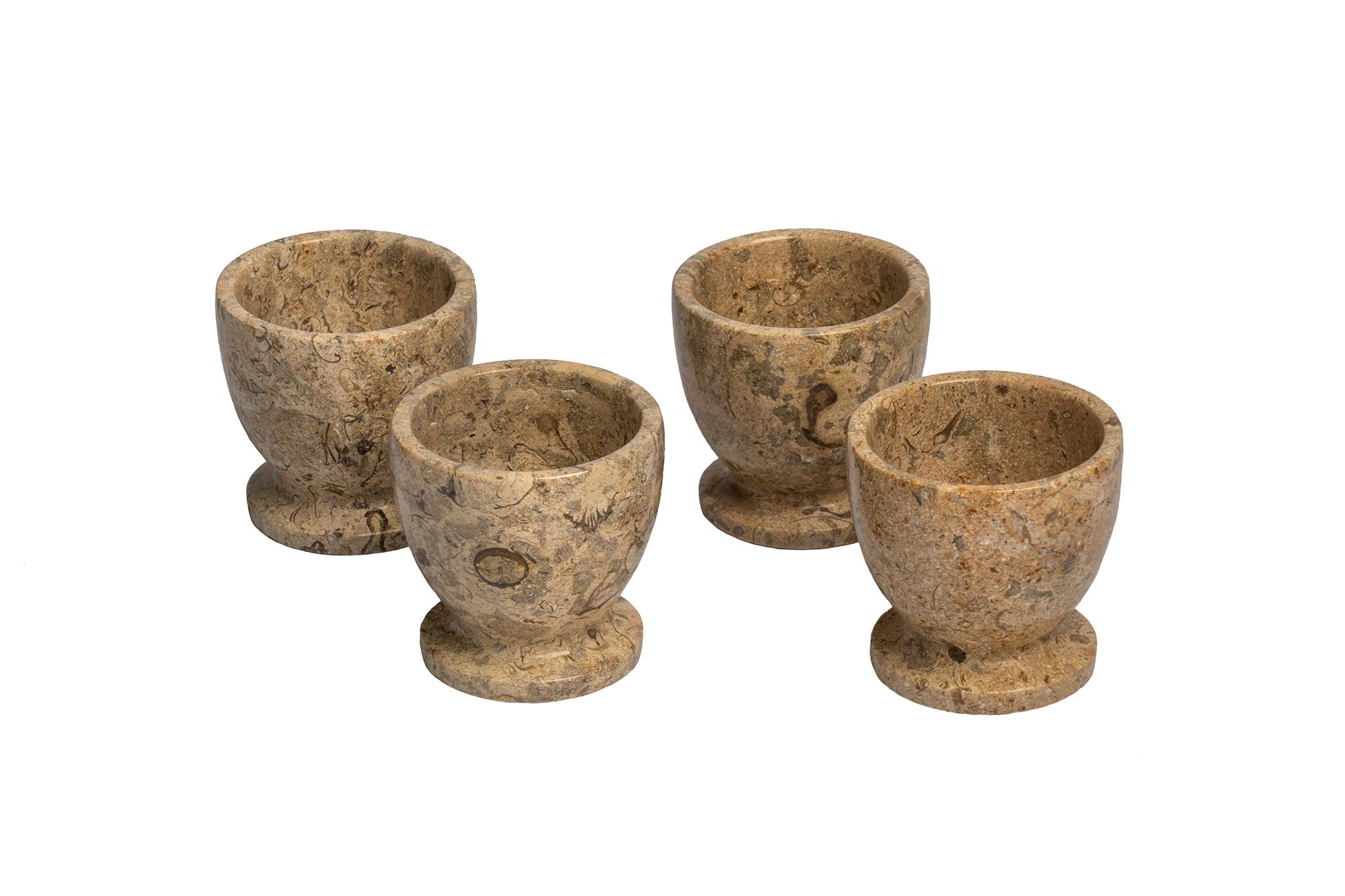 Lot de 4 coquetiers en pierre fossilée beige de l'Himalaya en marbre – Sculptés à la main