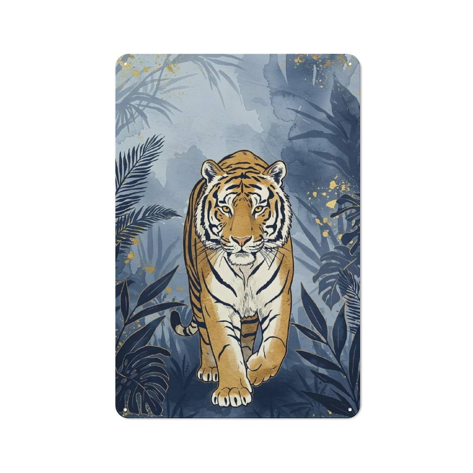 Junmoney Tiger In Blue Jungle Illustration Country Country Metal Sign 30X20cm, Farmhouse Wall Decor For Farmhouse Kitchen, Pantry Or Dining Area