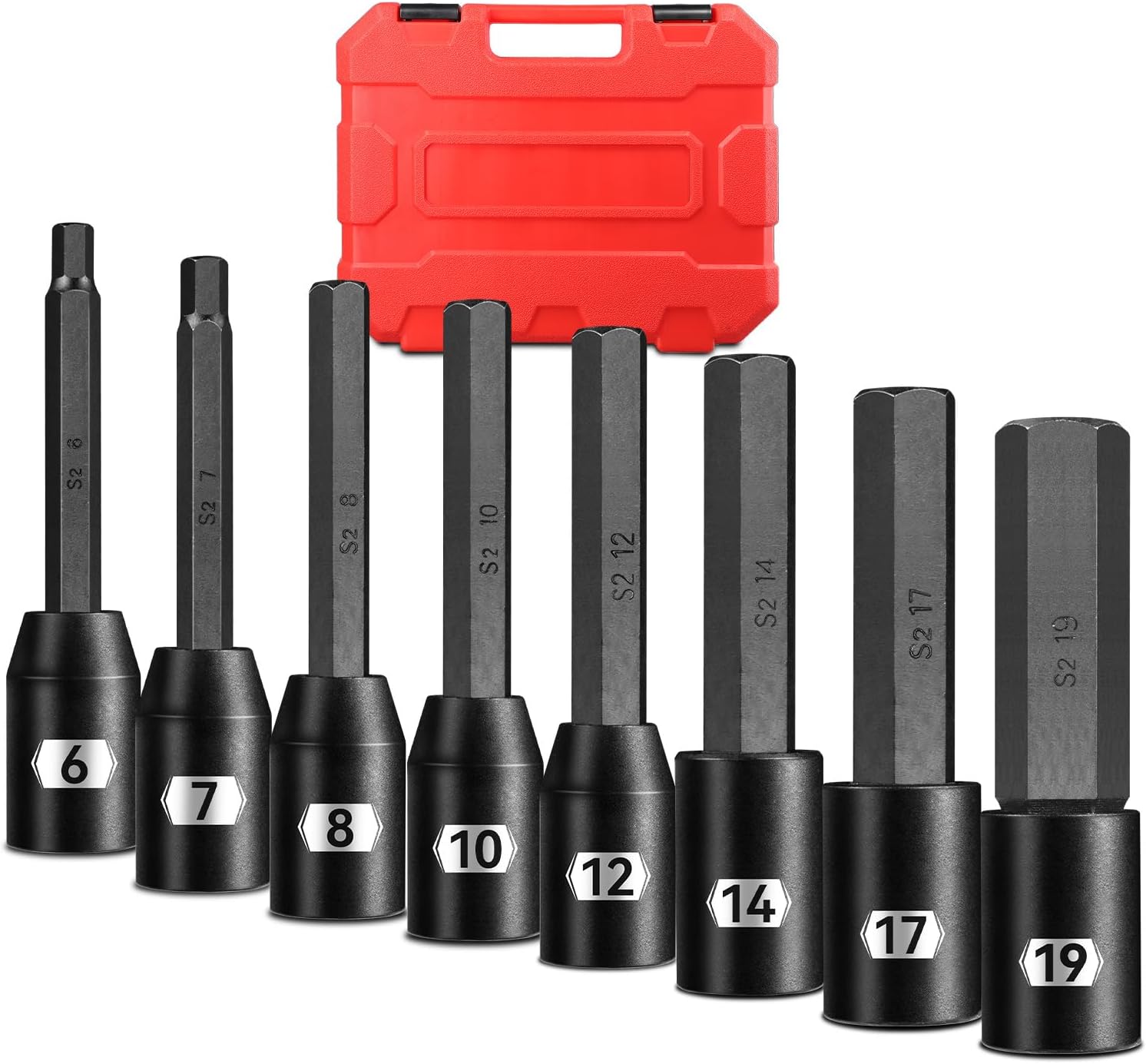 1/2" Drive Impact Allen Hex Bit Socket Set, 8-Piece Extra Long, S2 & Cr-Mo Steel for Automotive Repair and Mechanical Maintenance, Heavy Duty Storage Case