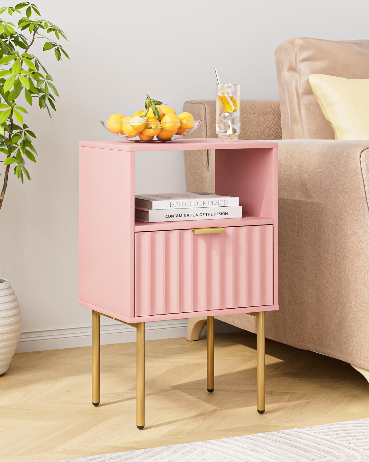 Nightstand,Modern Bedside Table with Gold Frame,White Night Stand,Bedside Furniture, Modern Side Table with Drawer and Shelf for Bedroom,Living Room (Pink)