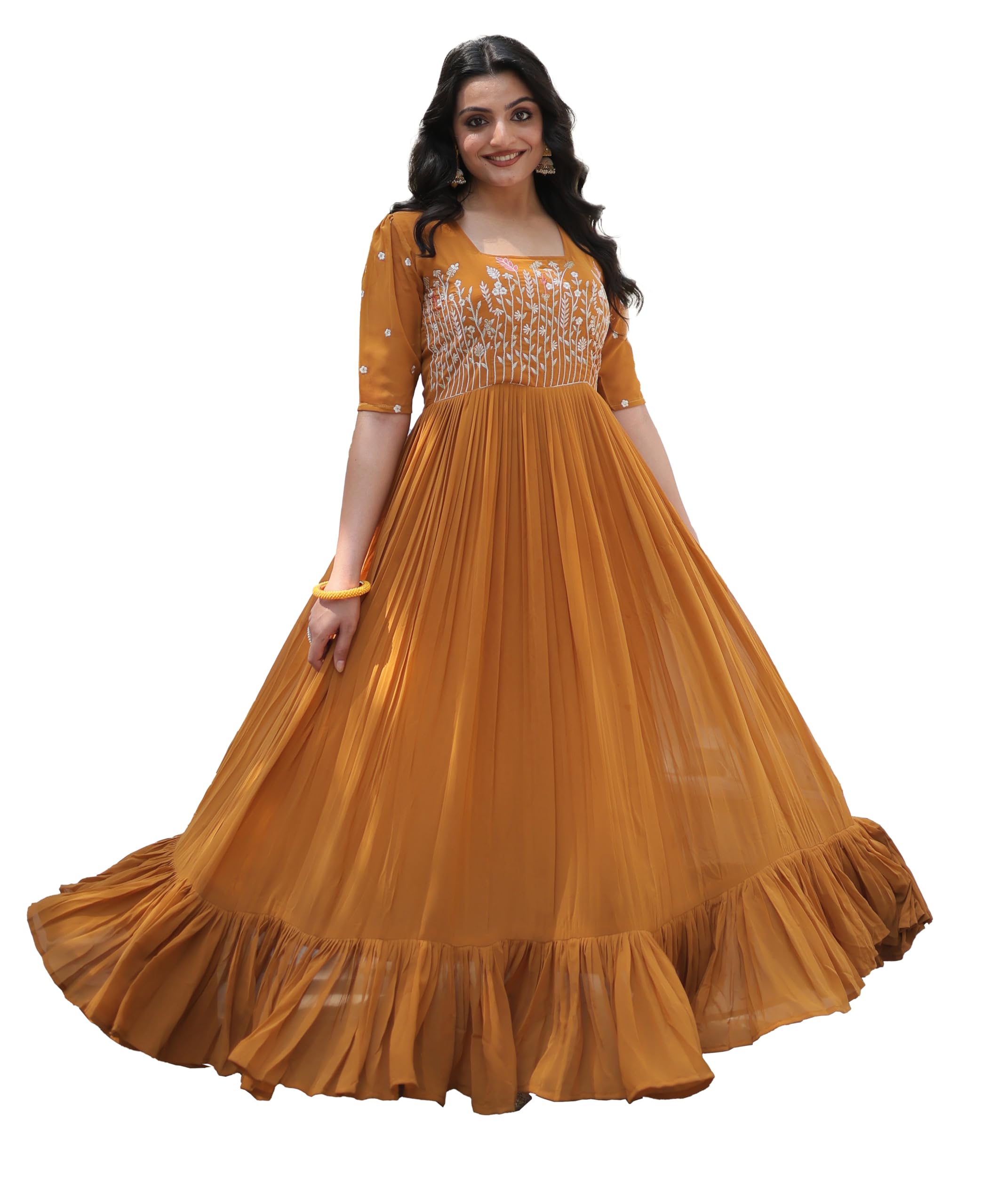 Fashion Basket Georgette Anarkali Gown With Sequins And Embroidery For Women With Long Sleeves (Large, Yellow)
